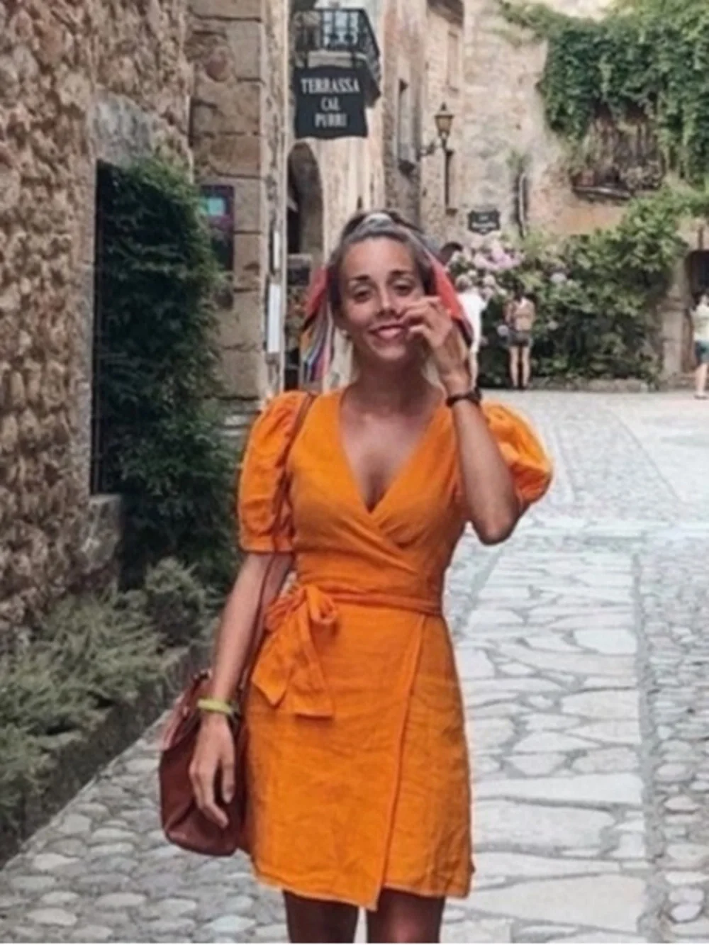 Zara Women’s Linen Orange Wrap Mini Dress with Puff Sleeves - Picture 3 of 9